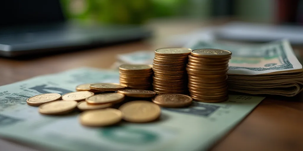 a pile of money sitting on top of a table next to a pile of coins on top of a table, Avgust Černigo