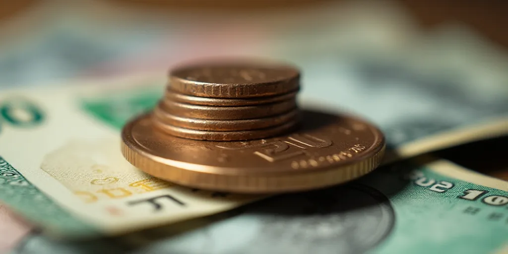 a pile of money with a penny on top of it and a coin on the bottom of the pile, Avgust Černigoj, ma