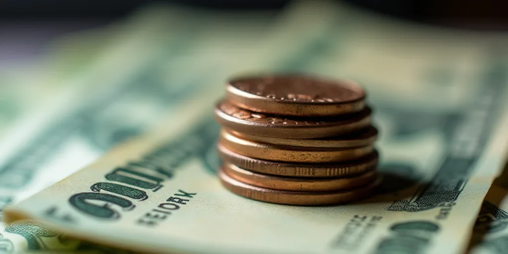 a pile of money with a penny on top of it and a coin on the bottom of the pile, Avgust Černigoj, ma