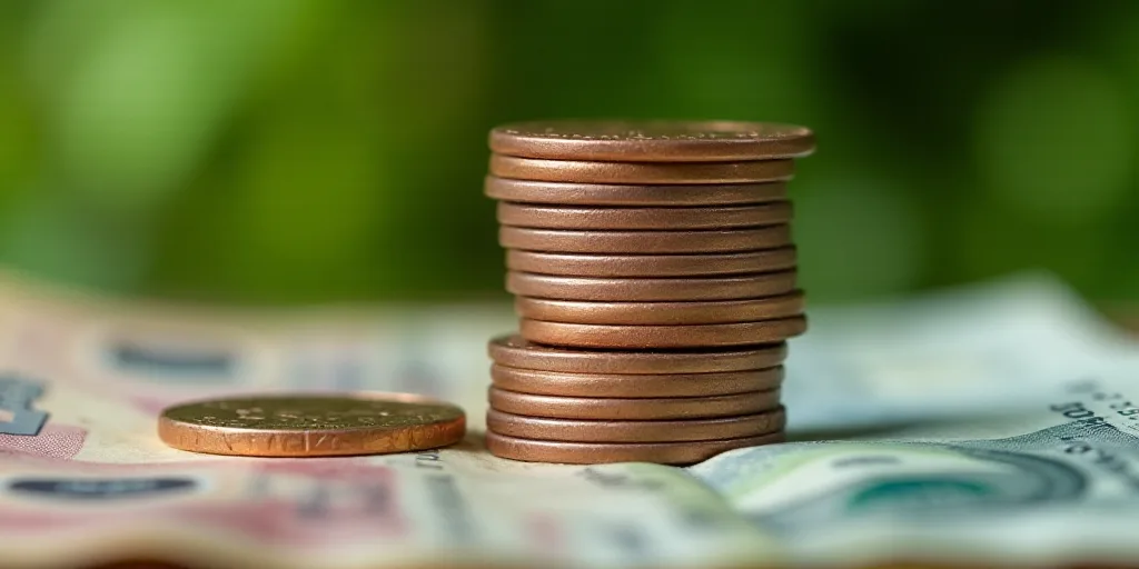 a pile of money with a penny on top of it and a coin on the bottom of the pile, Avgust Černigoj, ma