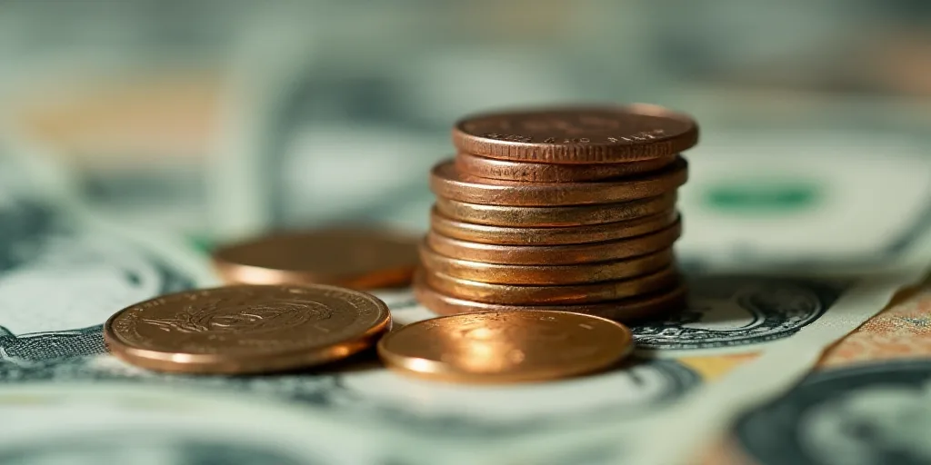 a pile of money with a penny on top of it and a coin on the bottom of the pile, Avgust Černigoj, ma