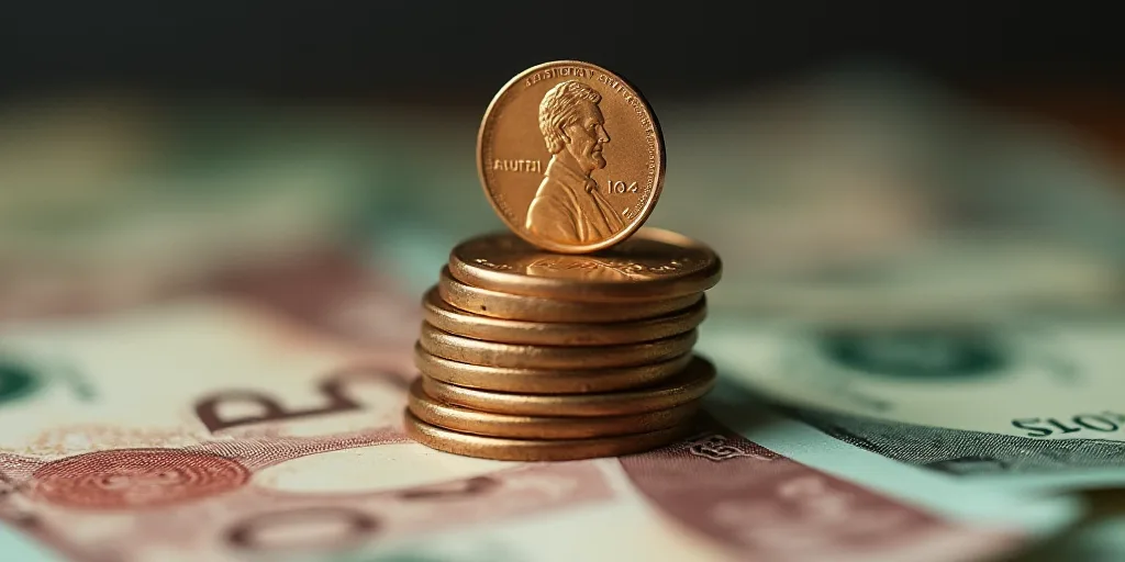a pile of money with a penny on top of it and a coin on the bottom of the pile, Avgust Černigoj, ma