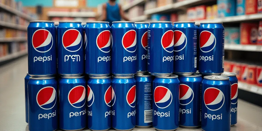 a pile of pepsi soda cans stacked on top of each other in a store aisle with the pepsi logo on the s