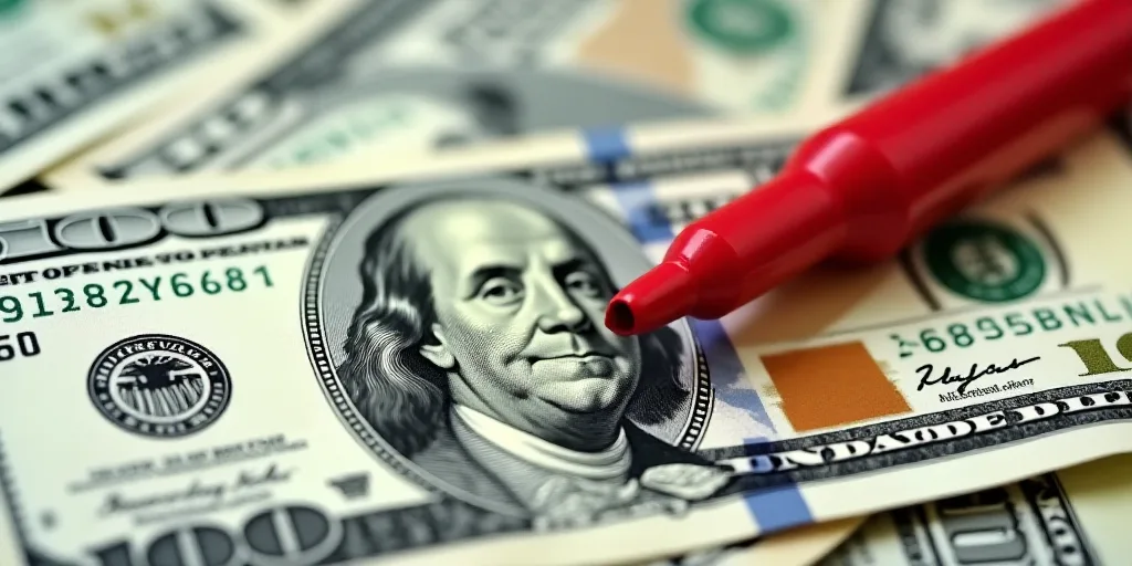 a pile of twenty dollar bills with a red marker on top of it and a red marker on the bottom of the b