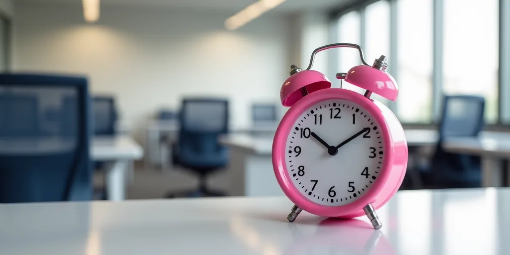 a pink alarm clock sitting on top of a table in an office building with desk chairs and desks, Évar