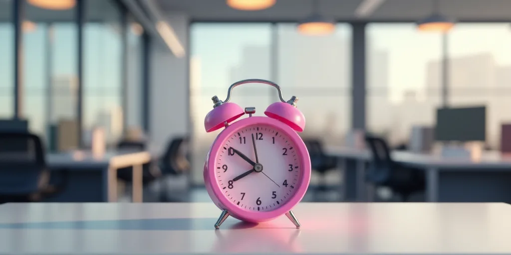 a pink alarm clock sitting on top of a table in an office building with desk chairs and desks, Évar