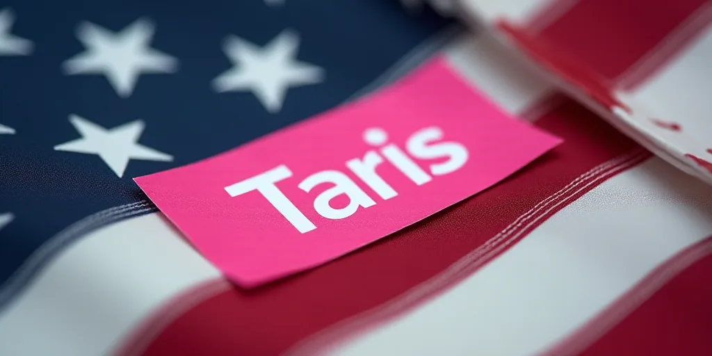 a pink sticker that says tarifs on a flag of the united states of america with stars, Clovis Trouill