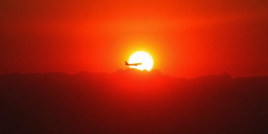 a plane flying in the sky with the sun in the background and a red sky behind it with a plane in the