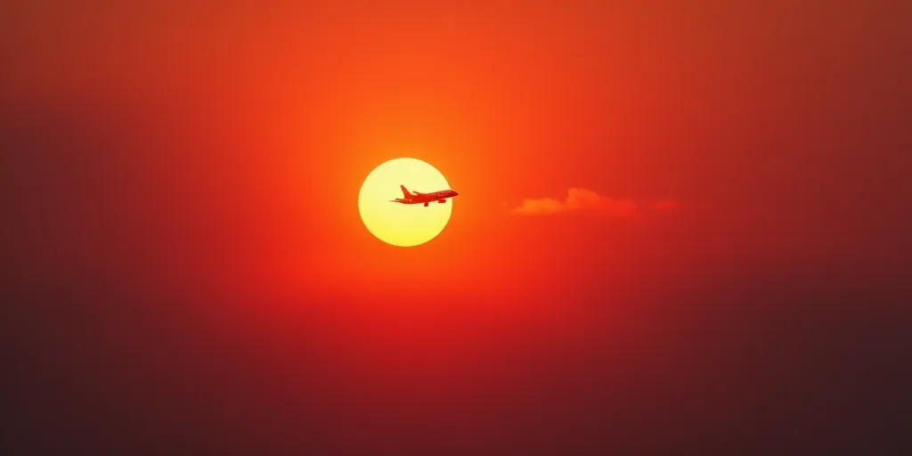 a plane flying in the sky with the sun in the background and a red sky behind it with a plane in the