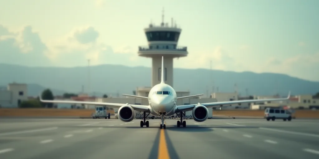 a plane is parked in front of a control tower at an airport with a plane on the tarmac, Charles Frem