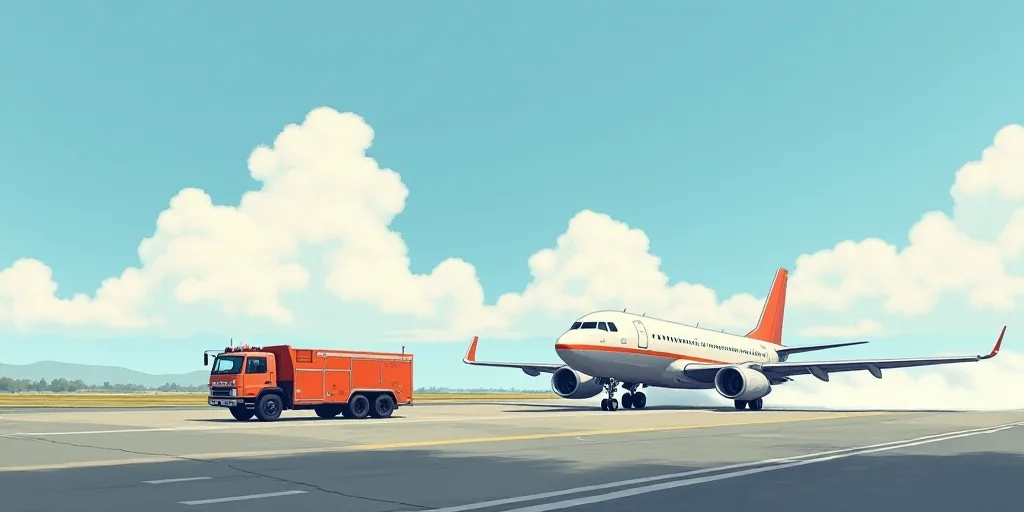 a plane is spraying water on the runway with a truck nearby and a fire truck nearby to the plane, Aq