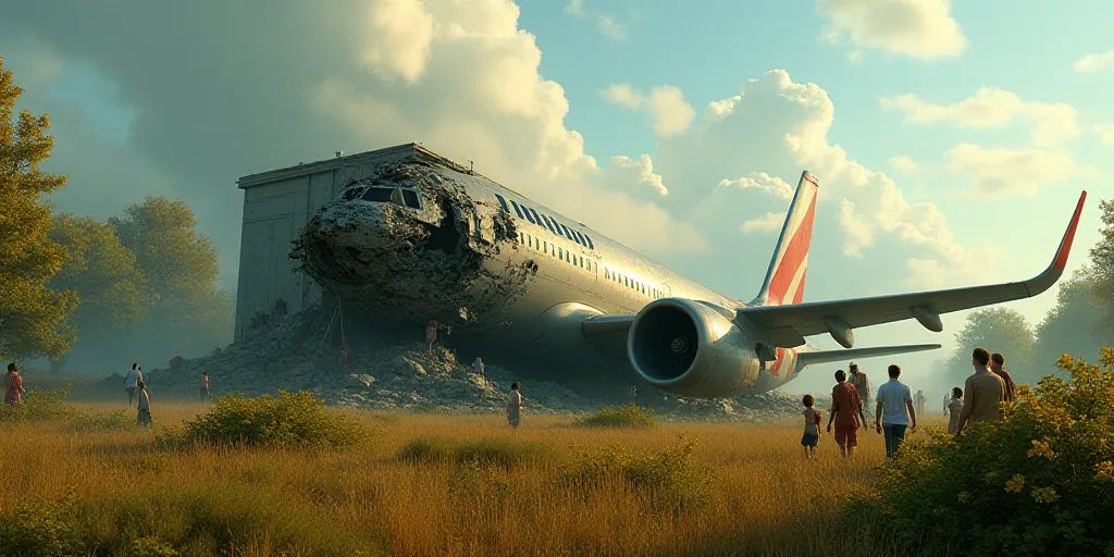 a plane that has been crashed into a building in a field of trees and bushes, with people standing a