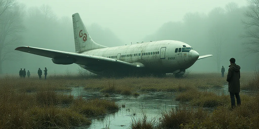 a plane that has landed in a swampy field with people around it and a man standing next to it, Ei-Q,