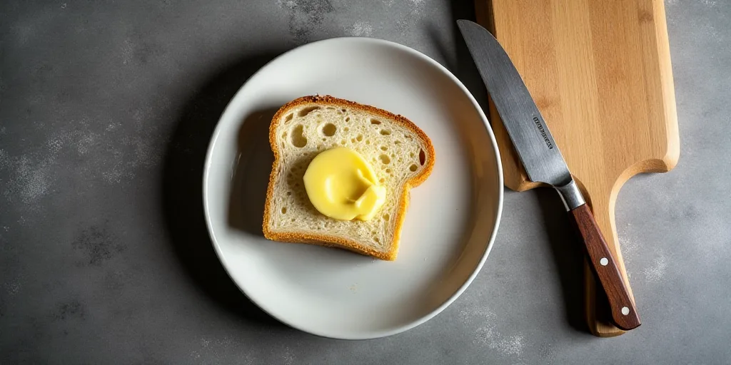 a plate of bread with butter on it next to a knife and a cutting board with a knife on it, David Bud