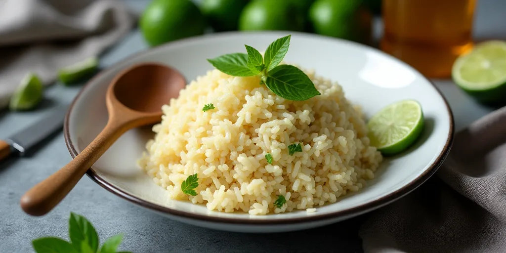 a plate of rice with limes and a wooden spoon on a table with a knife and limes, Anne Rigney, profes