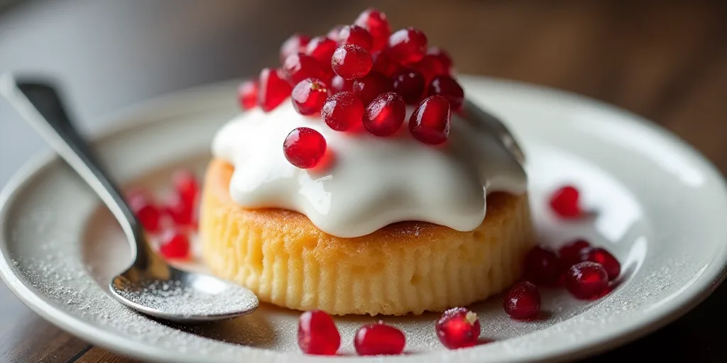 a plate with a pastry covered in white frosting and pomegranates on it, with a spoon, Ceferí Olivé