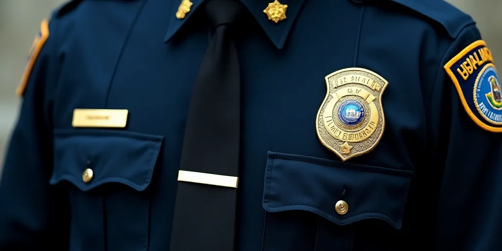 a police officer badge on his uniform is seen in this undated image from the department of justice,
