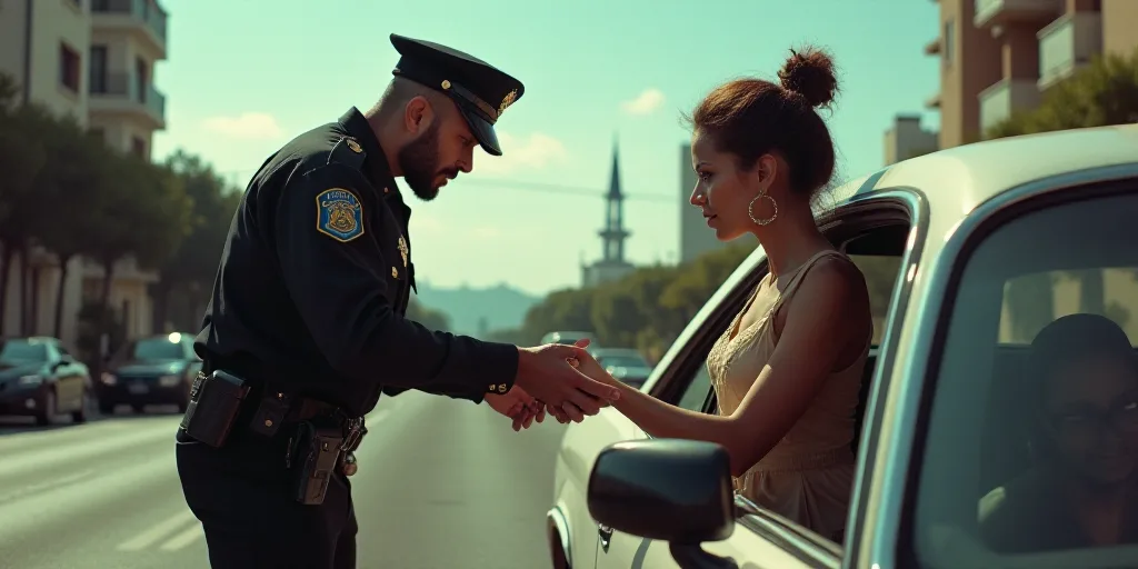 a police officer is handing something to a woman in a car while others look on from the side of the