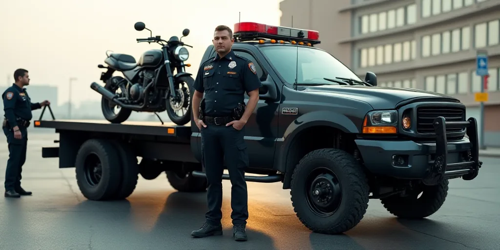 a police officer standing next to a truck with a motorcycle on the back of it and another officer st