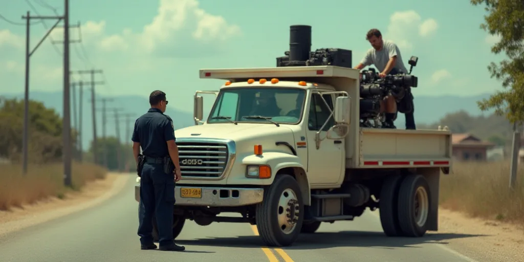 a police officer standing next to a truck with a camera on the back of it's cab and a cameraman in t