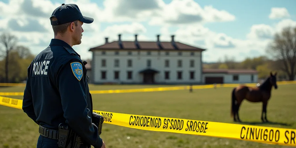 a police officer standing next to a yellow caution tape on a field with a horse in the background an