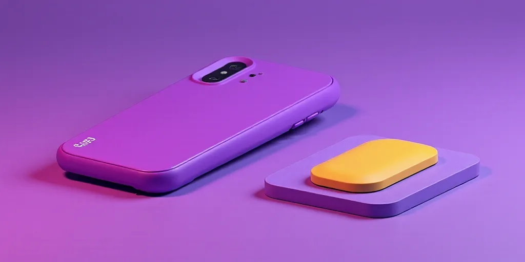 a purple phone next to a purple credit card on a table with a yellow button on it and a purple card,