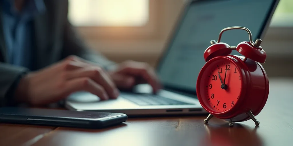 a red alarm clock sitting next to a laptop computer on a desk with a person working on a laptop, Den