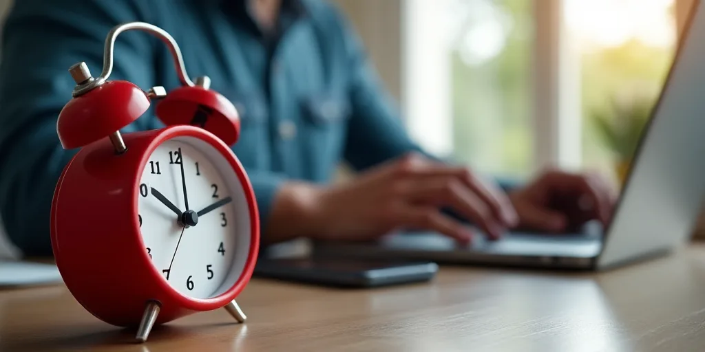 a red alarm clock sitting next to a laptop computer on a desk with a person working on a laptop, Den