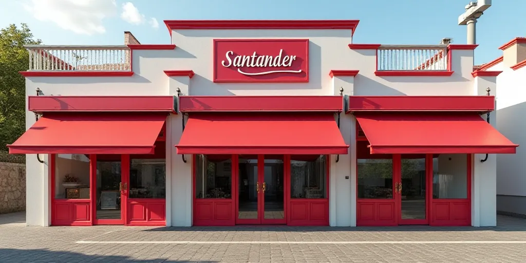 a red and white building with a sign that says santander on it's front door and a red awning, Bernat