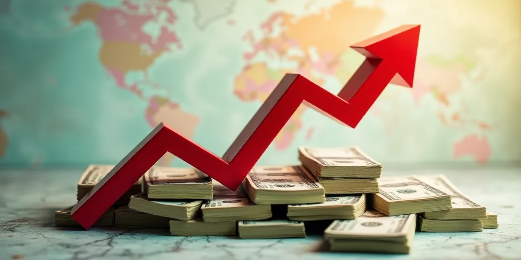 a red arrow pointing upward on top of a pile of money with a map in the background of the image, And