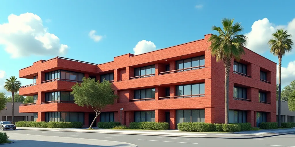 a red brick apartment building with palm trees in front of it and a blue sky in the background with