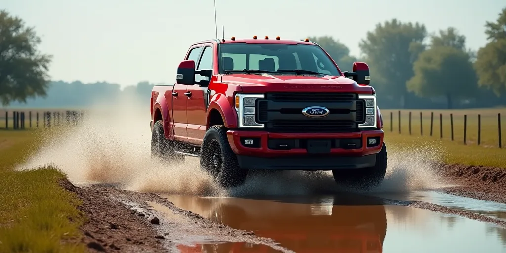 a red truck driving through a puddle of water on a dirt road near a field and trees in the backgroun