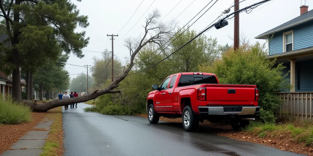 a red truck is parked on the side of the road with a fallen tree in the back ground and people stand