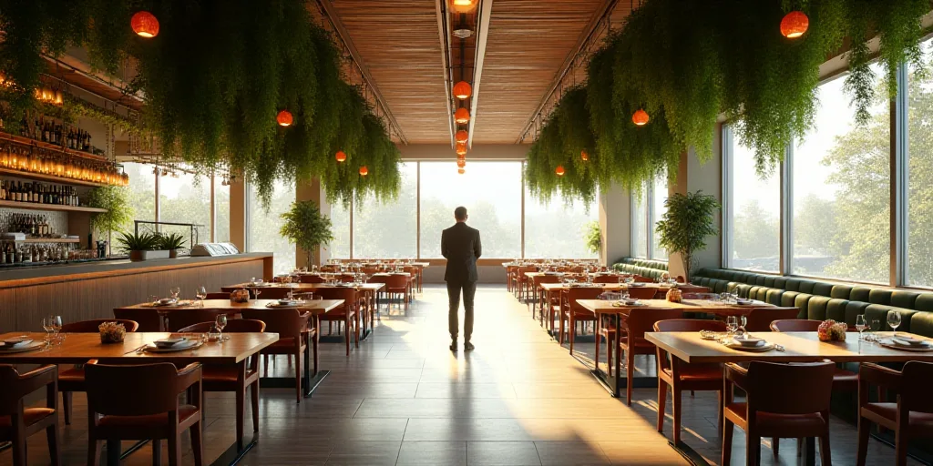 a restaurant with a lot of tables and chairs and hanging plants on the ceiling and a man standing in