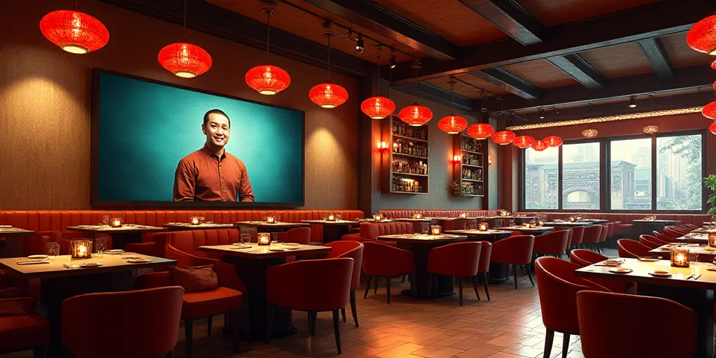 a restaurant with a lot of tables and chairs and a wall with a screen on it that has a picture of a