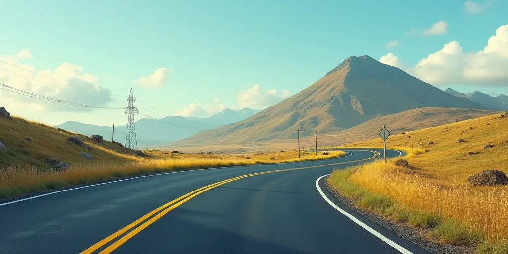 a road with a yellow line on the side of it and a hill in the background with a sign on it, Afewerk