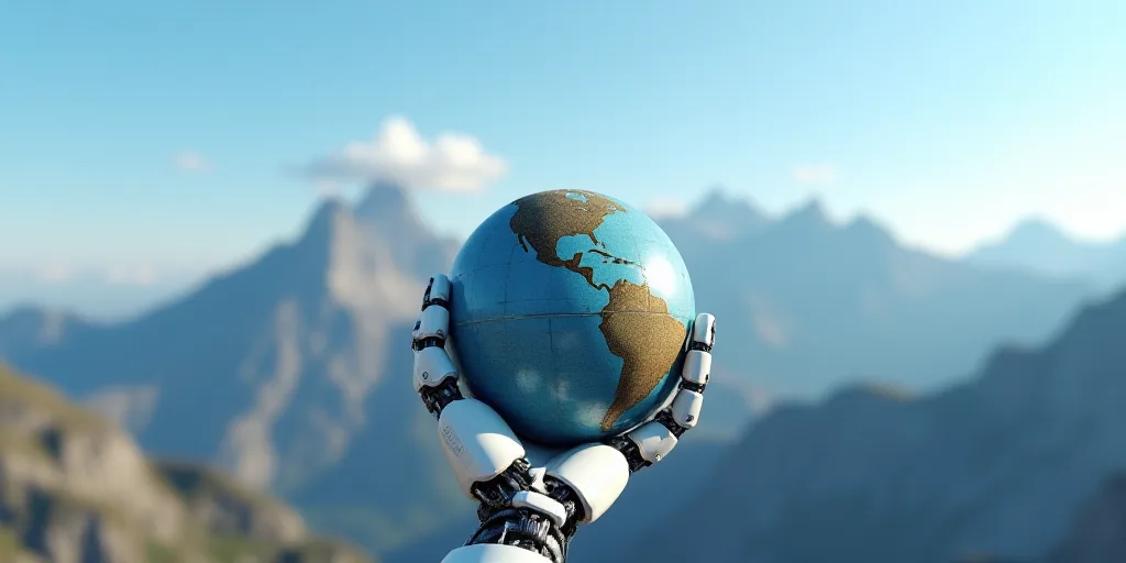 a robot hand holding a globe in front of a mountain range with mountains in the background and a blu