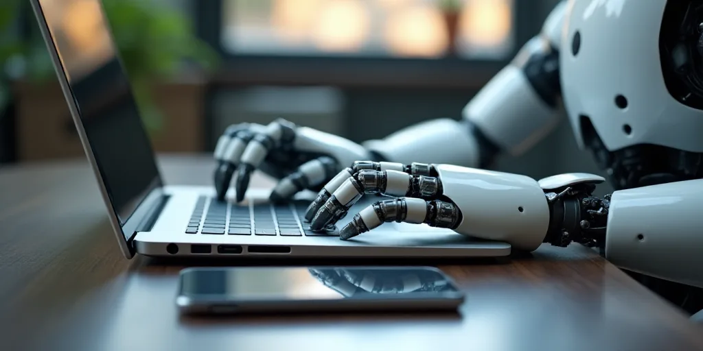 a robot hand is typing on a laptop keyboard with a cell phone nearby on a table with a tablet, Andri