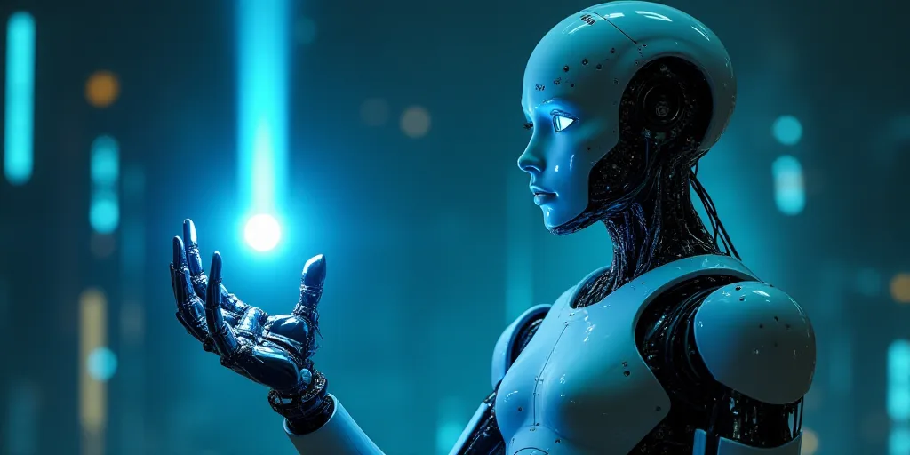 a robot holding a glowing object in his hand with a futuristic background around it and a blue light
