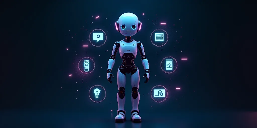 a robot with a lot of icons around it on a dark background with a blue and purple background and a b
