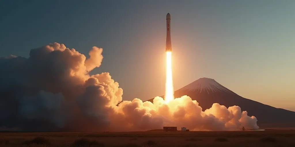a rocket is being launched into the sky with a bright light on it's side and a mountain in the backg