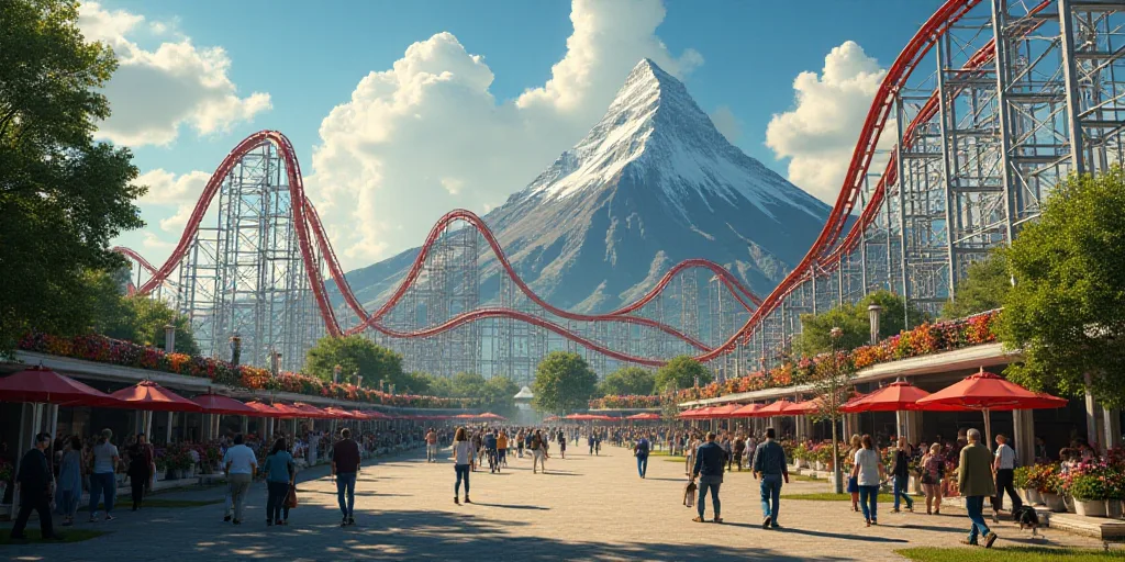a roller coaster ride and a park with a mountain in the background and people walking around it in t