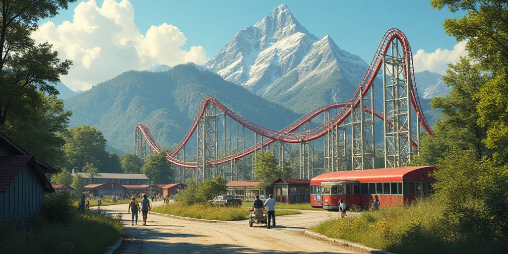 a roller coaster ride and a park with a mountain in the background and people walking around it in t