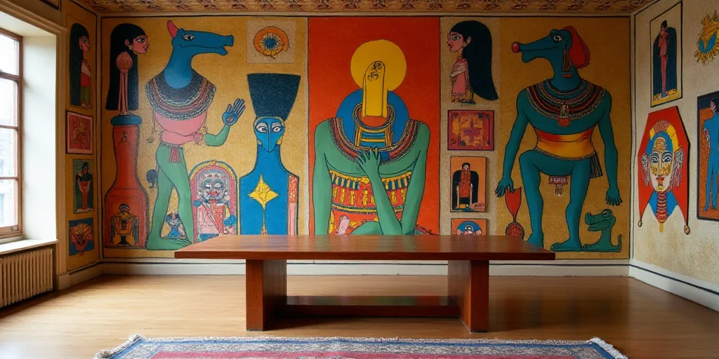 a room with a bunch of art on the wall and a bench in front of it with a wooden table, Eduardo Paolo