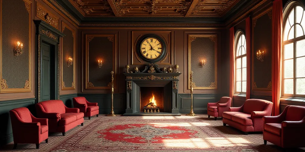a room with a lot of chairs and a clock on the wall and a fire place in the corner, Enguerrand Quart