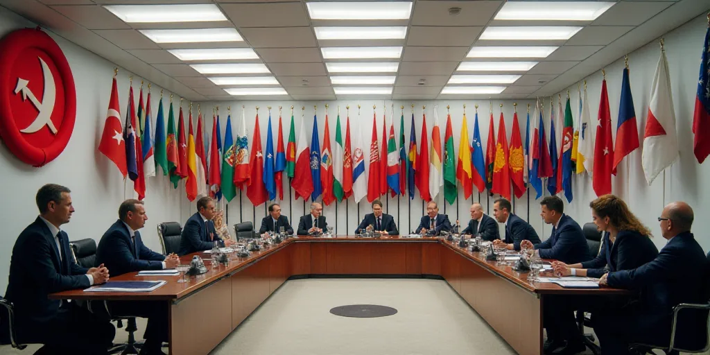 a room with a lot of flags and a building with a sign that says intelsc on it and a lot of flags, Ed