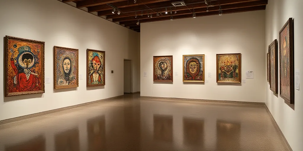 a room with a sign that says collection de arte ulap on it and several paintings on the walls, David