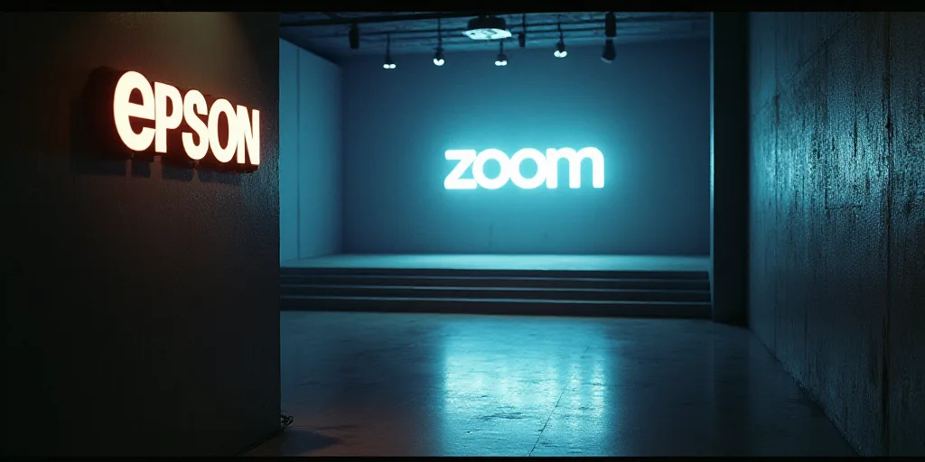 a room with a sign that says epson bank on it and a stage with lights behind it and a sign that says