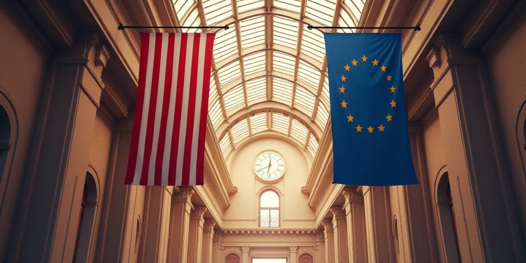 a row of american and european flags hanging from a ceiling in a building with a clock in the backgr