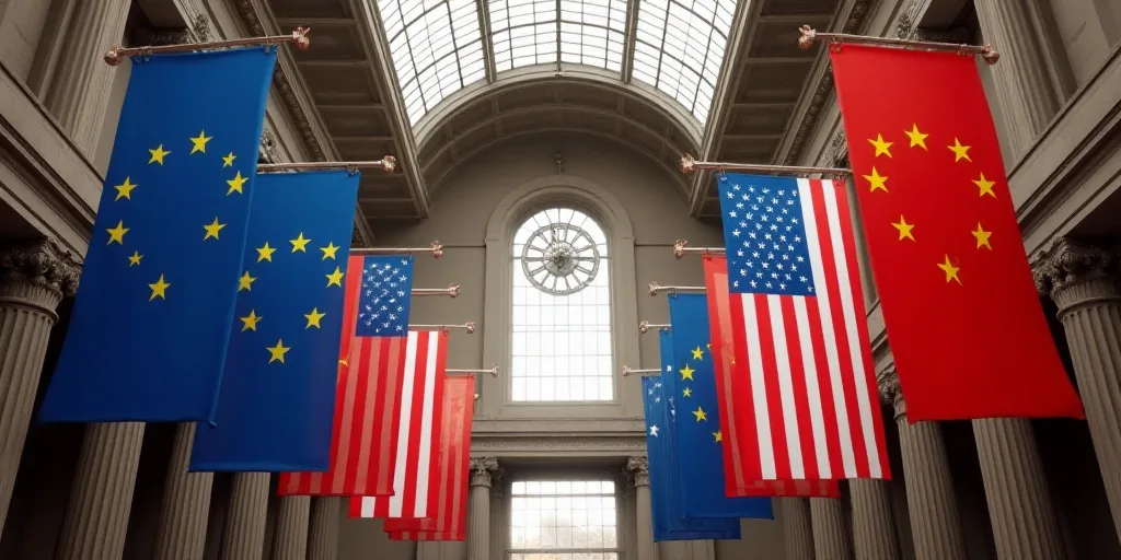 a row of american and european flags hanging from a ceiling in a building with a clock in the backgr